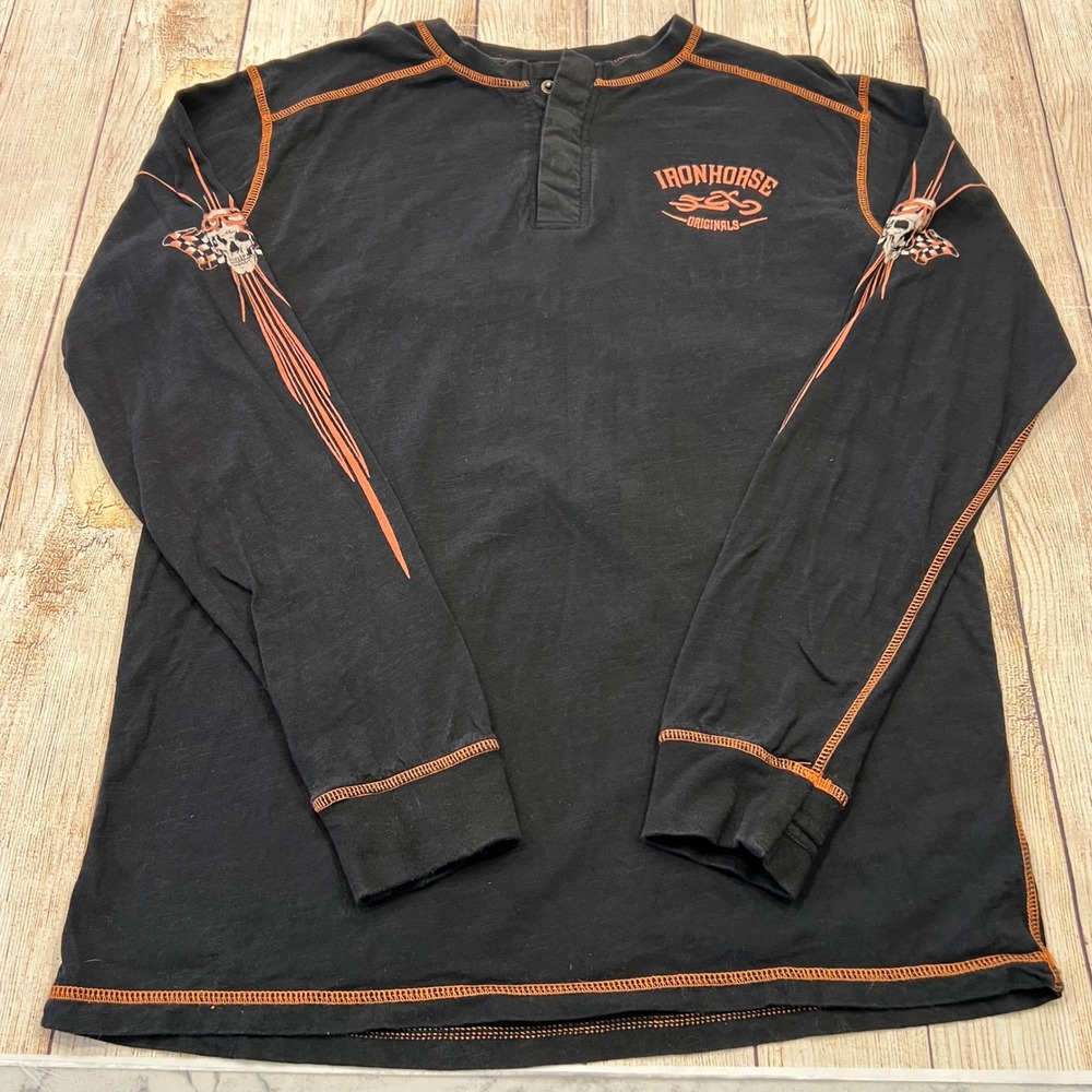 Ironhorse Originals Mens Black Orange Henley Shirt Skull Graphic Thumbhole L